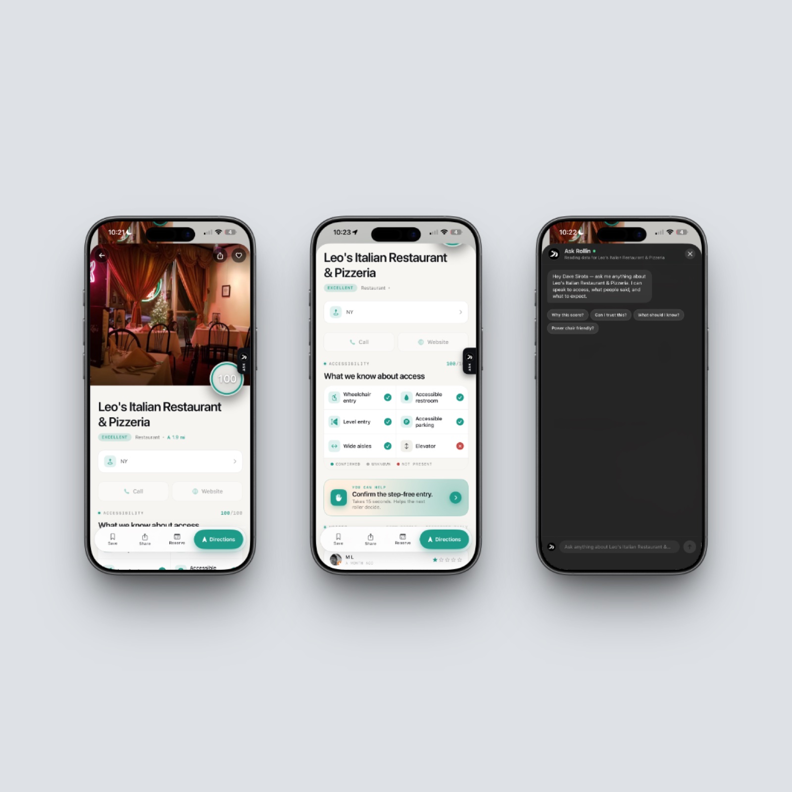 Three iPhones showing the place detail page for Leo's Italian Restaurant, the accessibility breakdown, and Ask Rollin chat opened with suggested questions.
