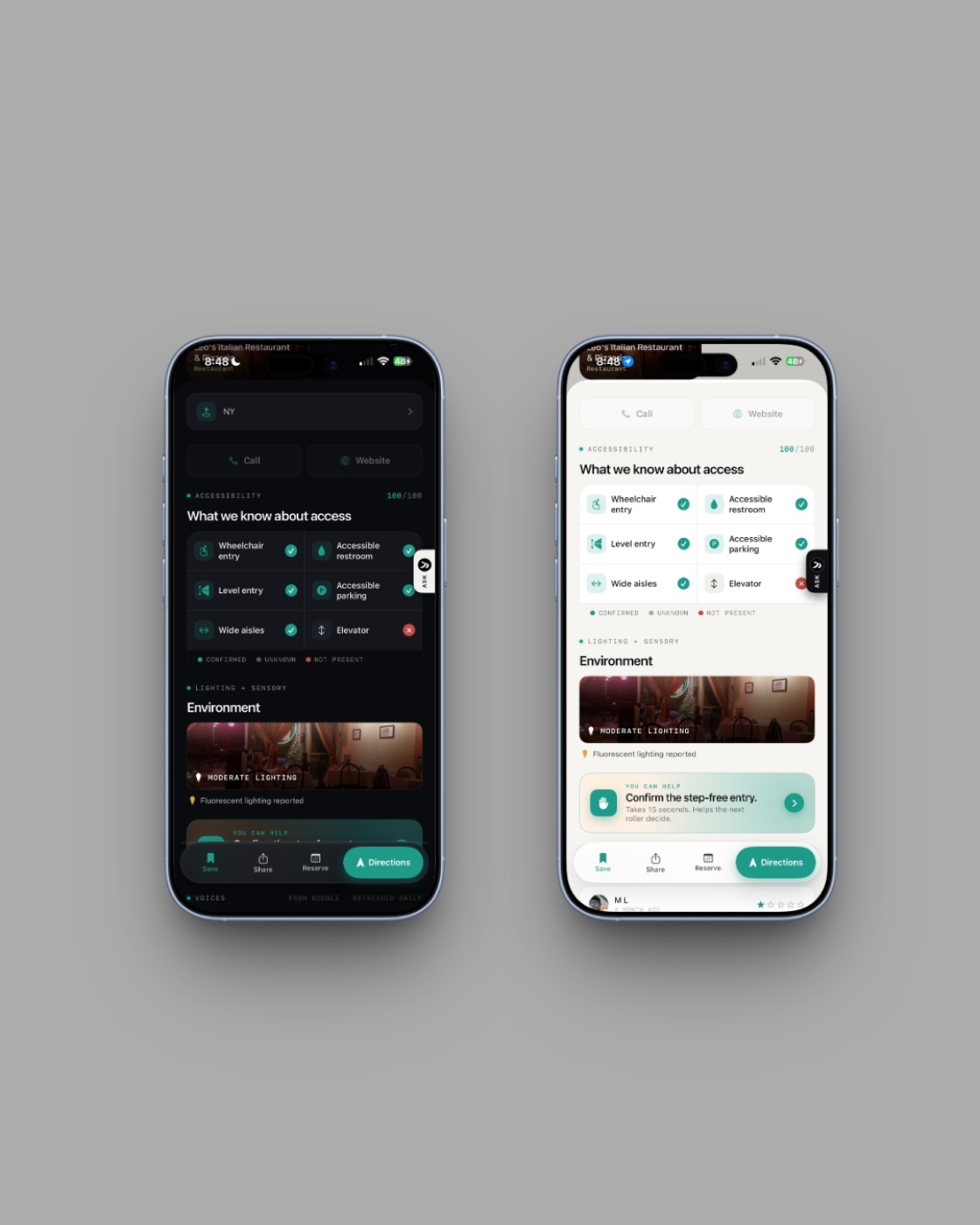 Two iPhones side by side, one showing the accessibility detail panel in dark mode and the other in light mode, both legible.